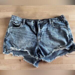Aerie Pull-On Denim Shorts | Distressed Raw Hem | Medium Wash | Size Large